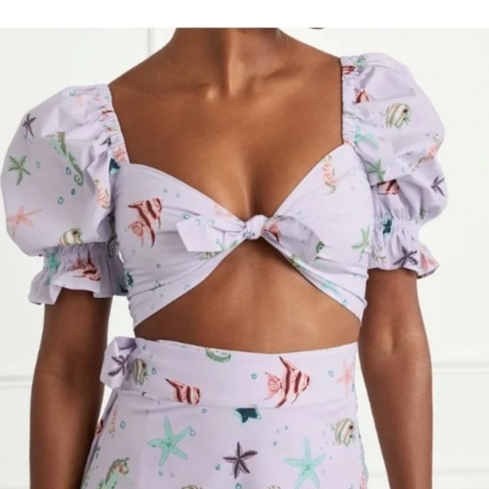 HILL HOUSE NWT! Sea Creatures Isabella  Puff Sleeve Crop Top